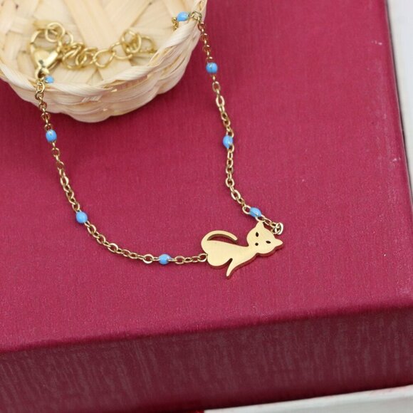 Chic Yellow Gold Cat Bracelet with Blue Beads, XPBL0622 - Picture 12 of 12